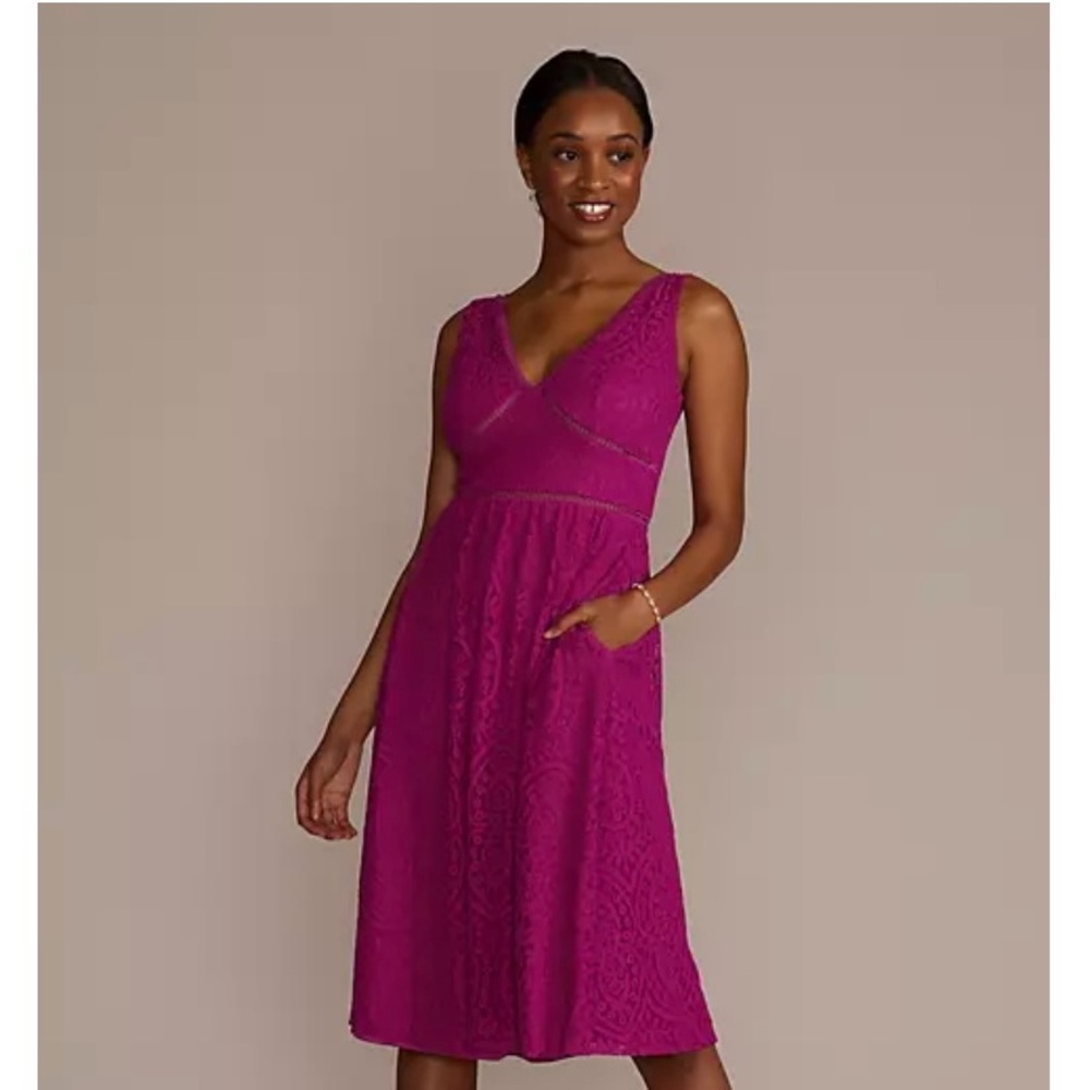 DAVID’S BRIDAL V-NECK LACE SLEEVELESS DRESS, SIZE 12, COLOR BERRY